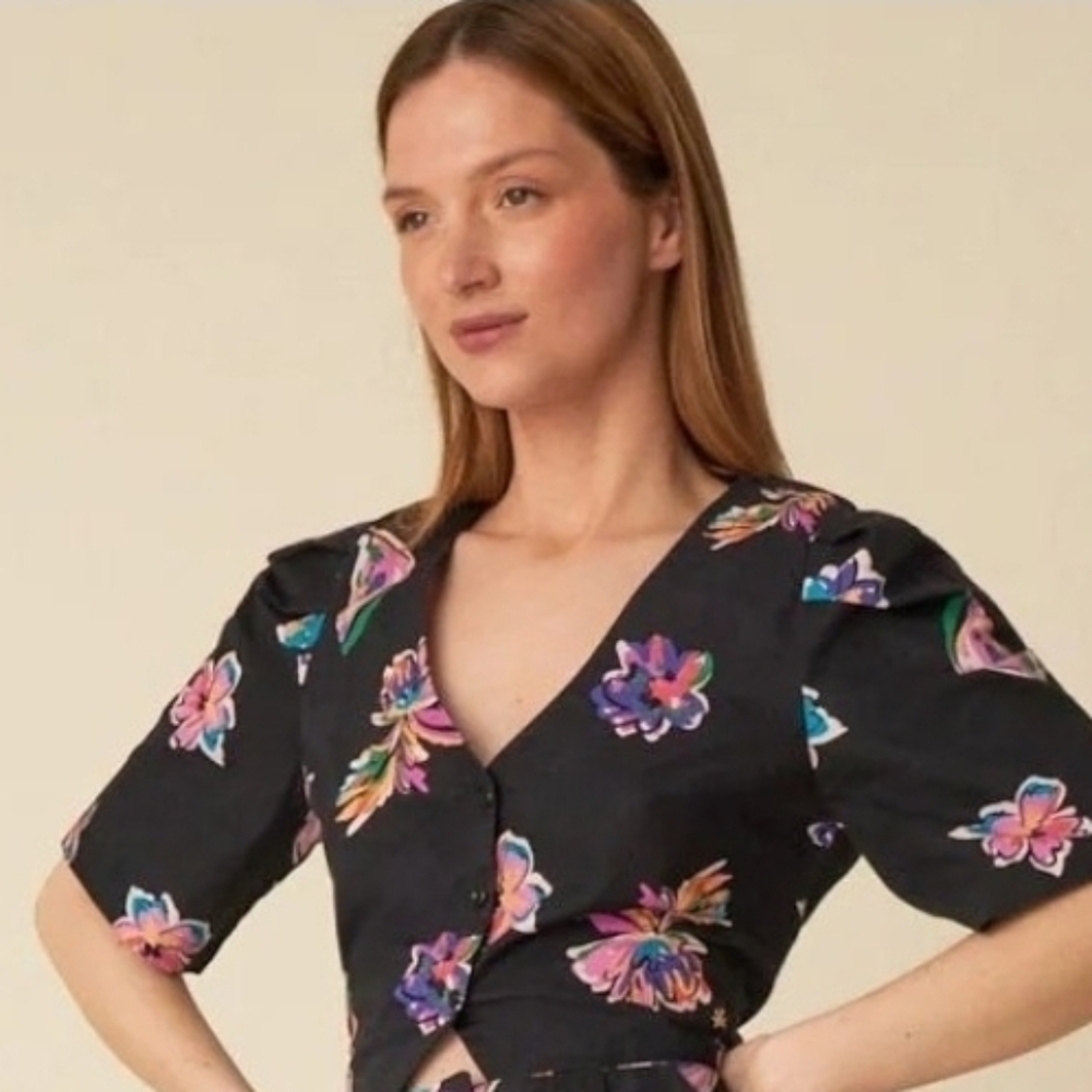 Des Petits Hauts Black Floral Cropped Cotton Blouse NWT Romantic French Top Sm 2